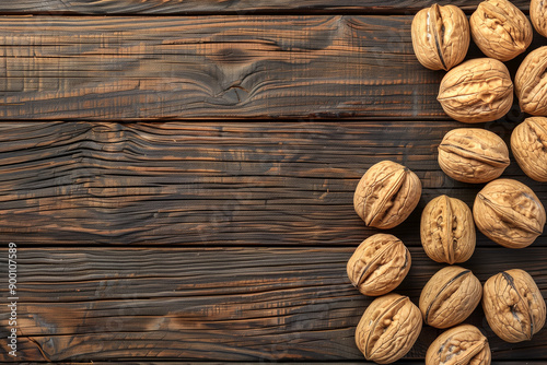 Top view of walnuts on wooden background. Generative AI