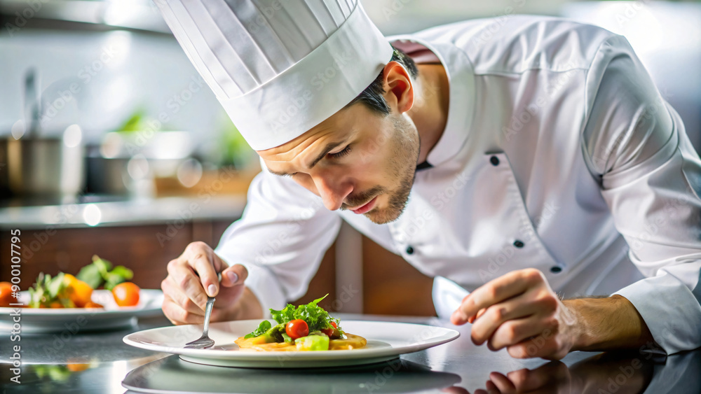 A chef in uniform preparing and decorating a meal in the kitchen A chef in uniform preparing and decorating a meal in the kitchen