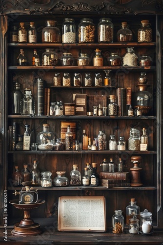 Dark wood shelves lined with glass jars, old books, and antique scales.  © grey