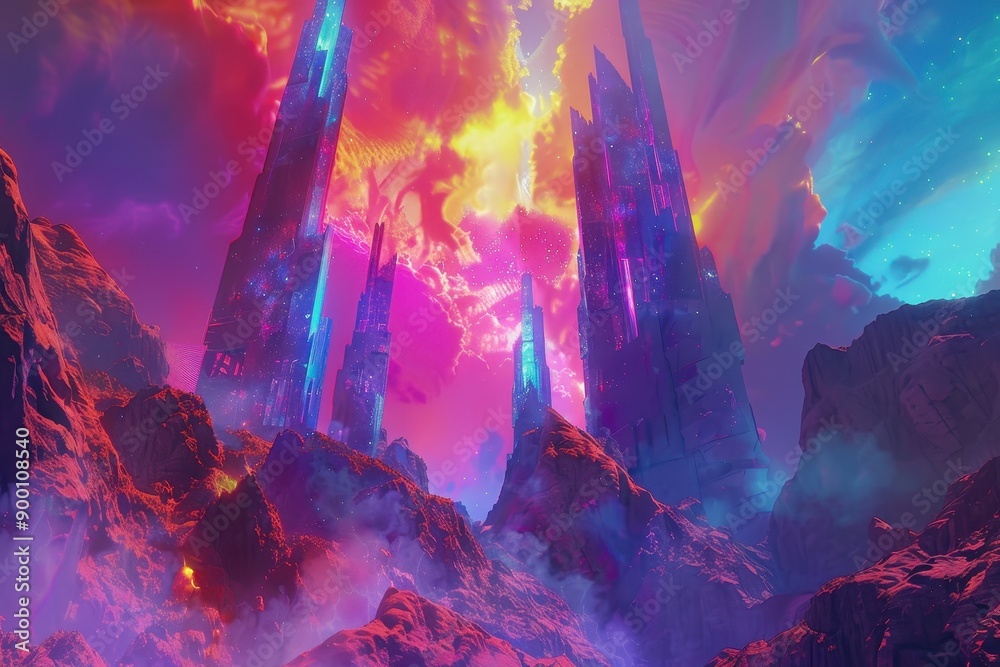 Fototapeta premium Futuristic Cityscape with Towering Structures in a Vivid Nebula Sky