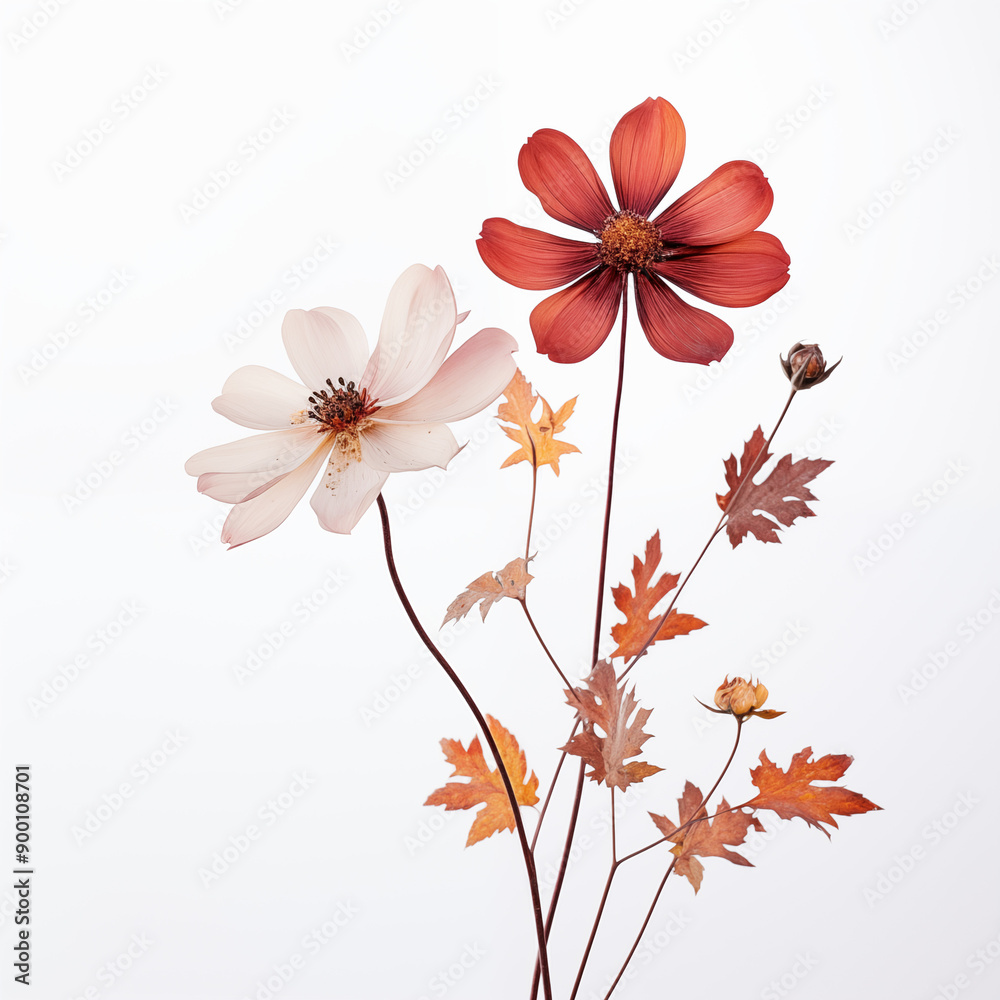 Dry and fresh flowers on white background. Text space available in a flat lay. Close-up still life photo. Dry and fresh flowers on white background. Text space available in a flat lay. Close-up still life photo.