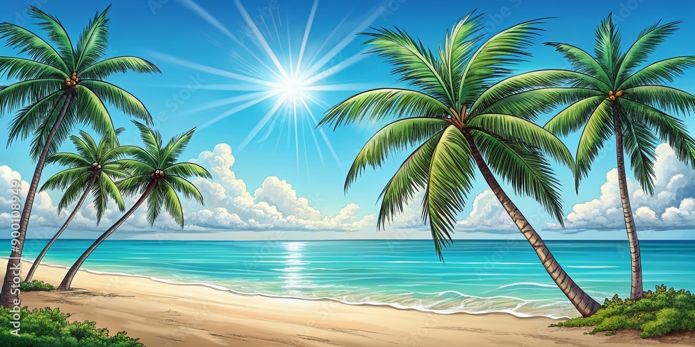 Vibrant watercolor illustration of serene beach scene featuring swaying palm trees standing tall against crystal clear turquoise ocean waters under sunny sky. Vibrant watercolor illustration of serene beach scene featuring swaying palm trees standing tall against crystal clear turquoise ocean waters under sunny sky.