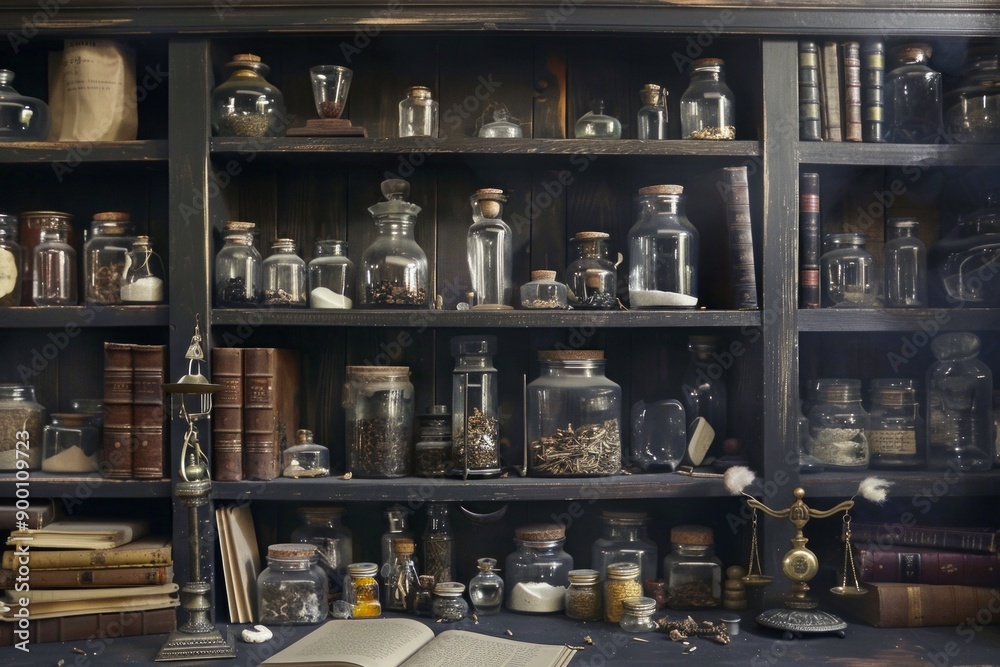 Dark wood shelves lined with glass jars, old books, and antique scales. Dark wood shelves lined with glass jars, old books, and antique scales.