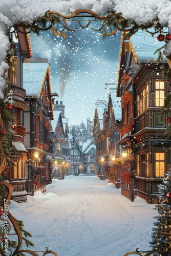Snow-covered victorian style rooftops, warm glowing windows, and festive decorations. Surrounded by a frame © grey