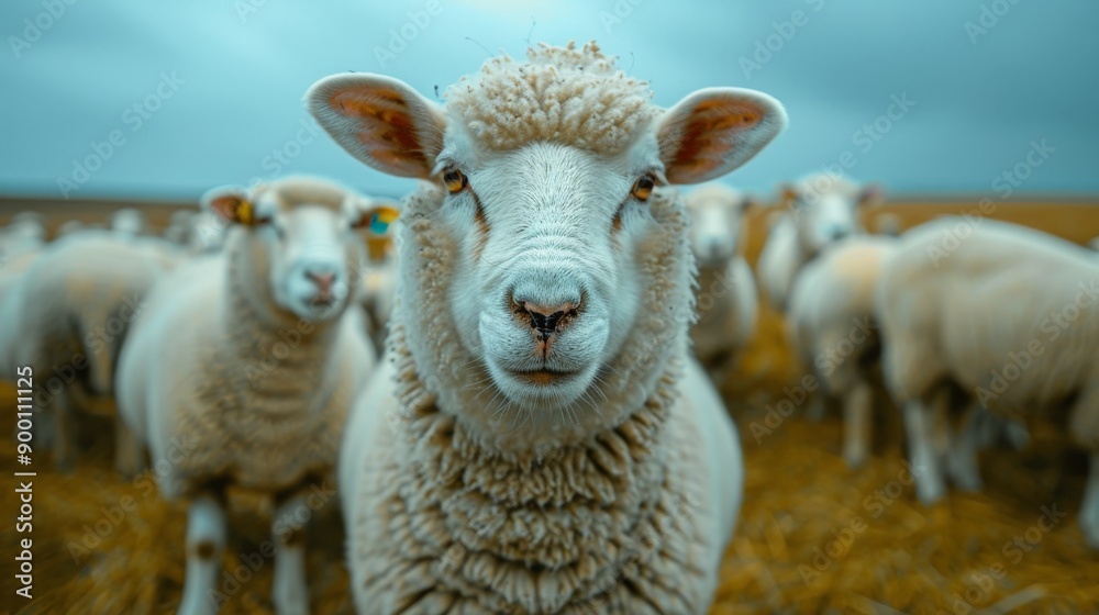 Obraz premium Sheep standing closely together in a field are raised in farms with great joy; sheep are sheared to sell at markets. Sheep in a farm scene