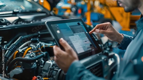 Auto mechanic with digital tablet at work making an engine repair diagnosis of a car in a mechanic garage, touching icons on virtual screen