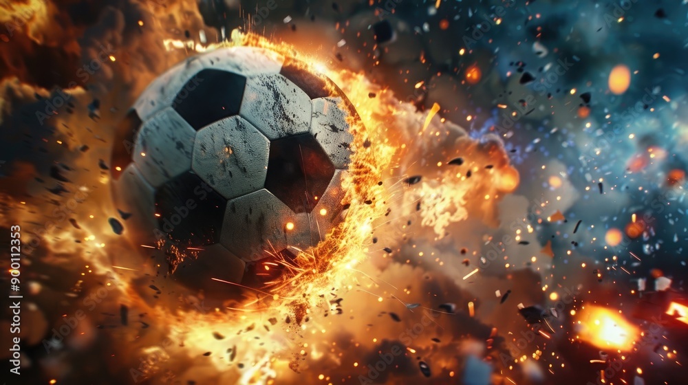 Fototapeta premium Dramatic soccer ball scene with explosions and fire, showcasing intense action and dynamic sports energy