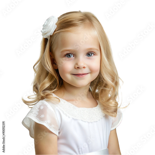 Blonde little girl dressed in white portrait isolated on transparent background