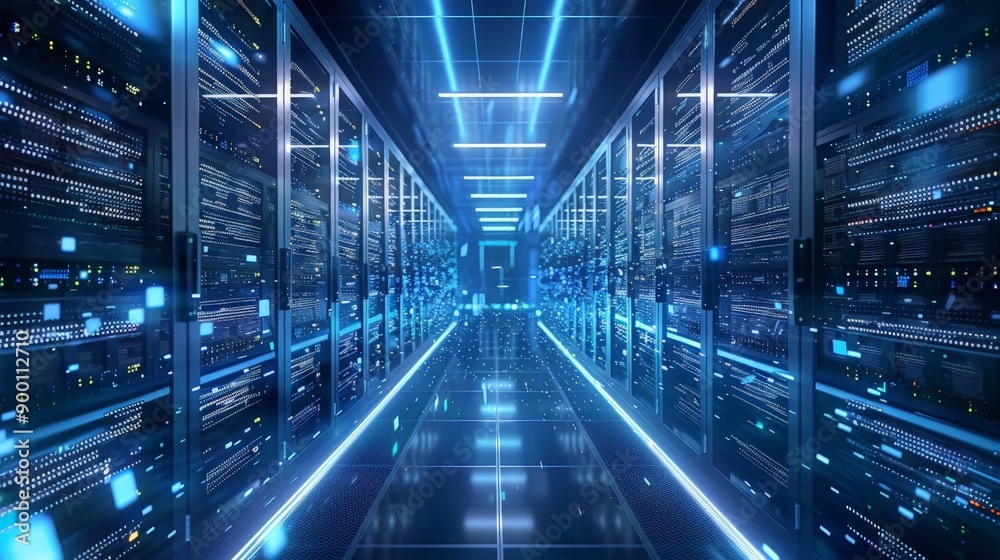 Behind glass panels in the server room of a data center or Internet service provider, digital information travels through the network and data servers Behind glass panels in the server room of a data center or Internet service provider, digital information travels through the network and data servers