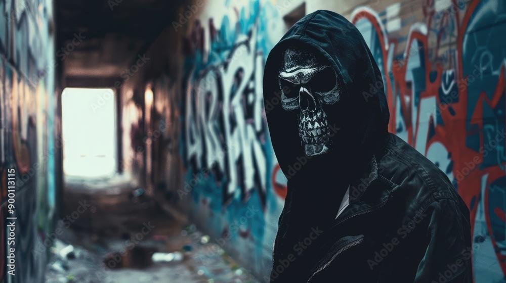 Eerie graffiti-covered corridor with a menacing hooded figure wearing a skull mask and holding a large knife, conveying a sense of danger Eerie graffiti-covered corridor with a menacing hooded figure wearing a skull mask and holding a large knife, conveying a sense of danger