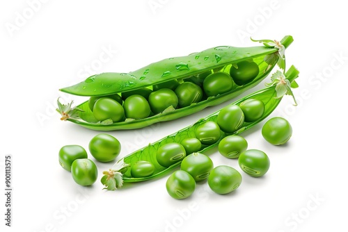 Fresh green peas in a pod with water droplets, isolated on white, showcasing natural freshness.
