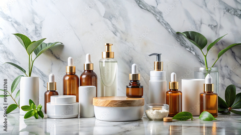 Still life spa scene with bottles of oils, cosmetic bottles, and little tree Still life spa scene with bottles of oils, cosmetic bottles, and little tree
