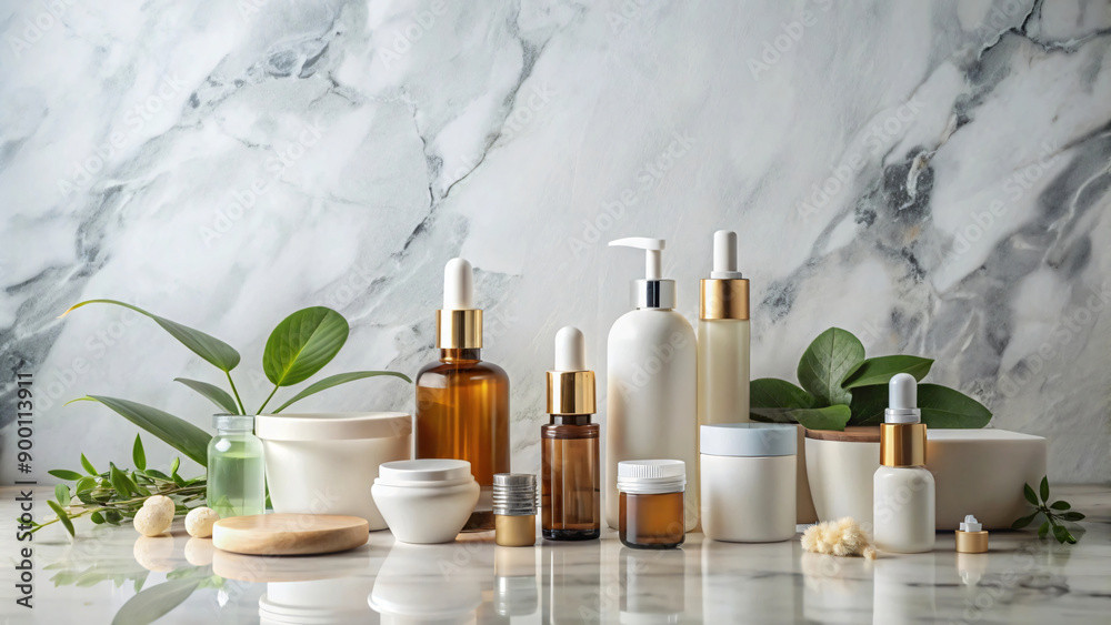 Still life spa scene with bottles of oils, cosmetic bottles, and little tree Still life spa scene with bottles of oils, cosmetic bottles, and little tree
