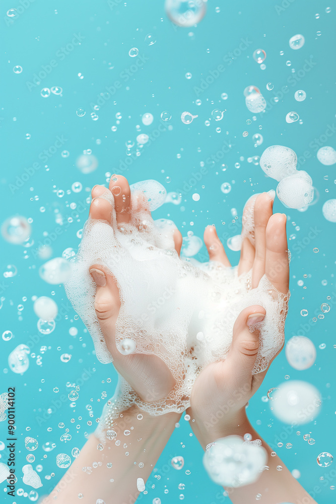 Close-up of hands covered in soapy foam on light blue background Close-up of hands covered in soapy foam on light blue background