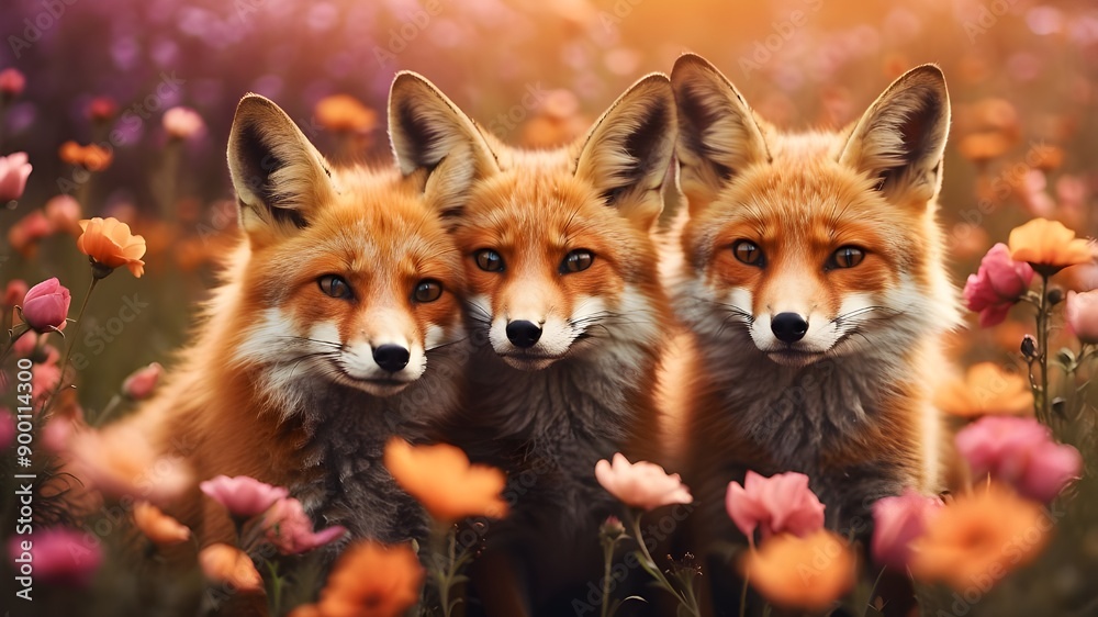 A couple of foxes cozy up in a field of blooming flowers against a blurry backdrop. AI-produced picture A couple of foxes cozy up in a field of blooming flowers against a blurry backdrop. AI-produced picture