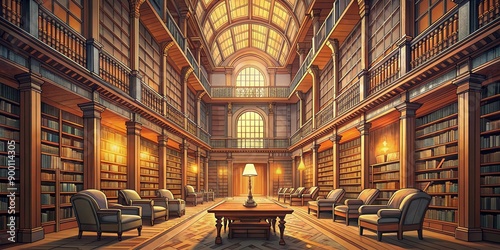 A majestic large library with rows of towering bookshelves, warm lighting, and comfortable seating, evoking a sense of learning and literary adventure.