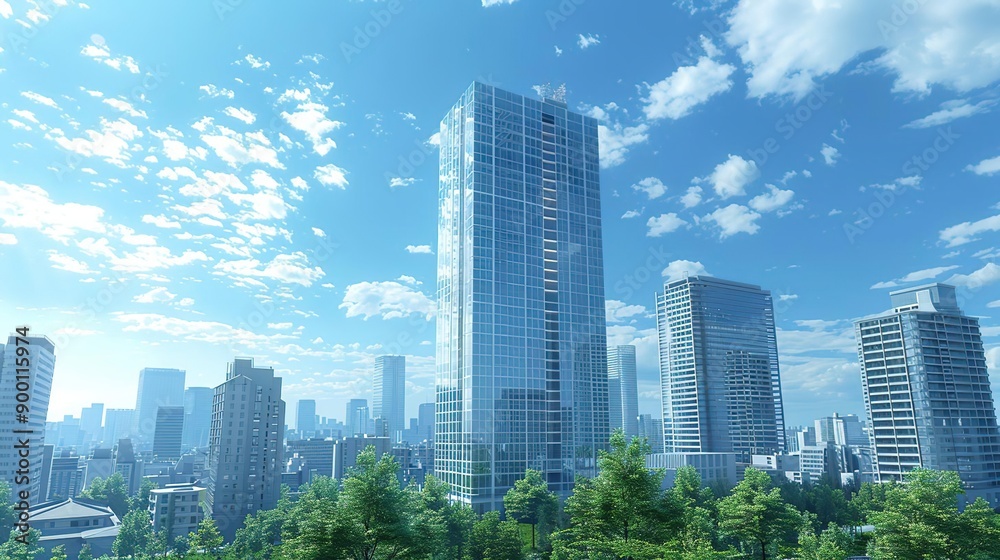 Cityscape with Tall Buildings and Blue Sky - 3D Illustration Cityscape with Tall Buildings and Blue Sky - 3D Illustration