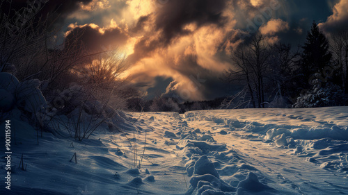 Snowy evening scene with harsh weather and dark clouds, ideal for AI generative. photo