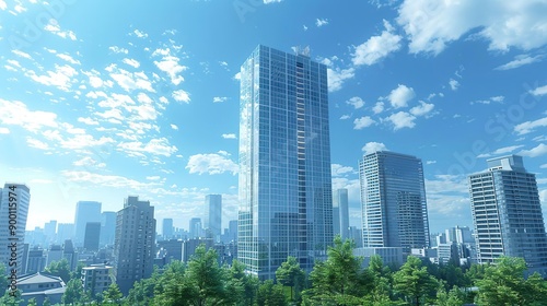 Cityscape with Tall Buildings and Blue Sky - 3D Illustration © Vikarest