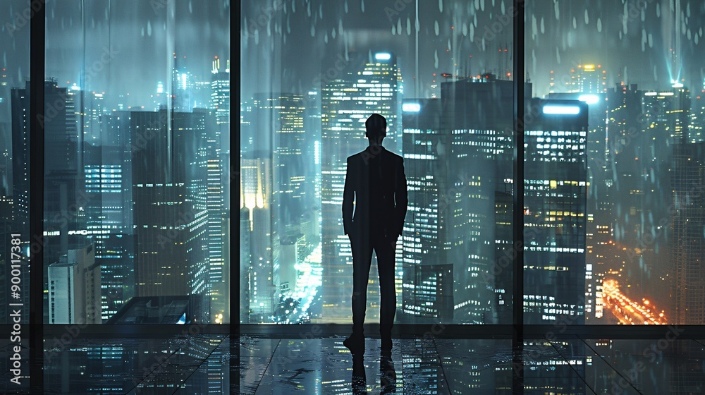 A businessman standing by a window, looking at city buildings A businessman standing by a window, looking at city buildings