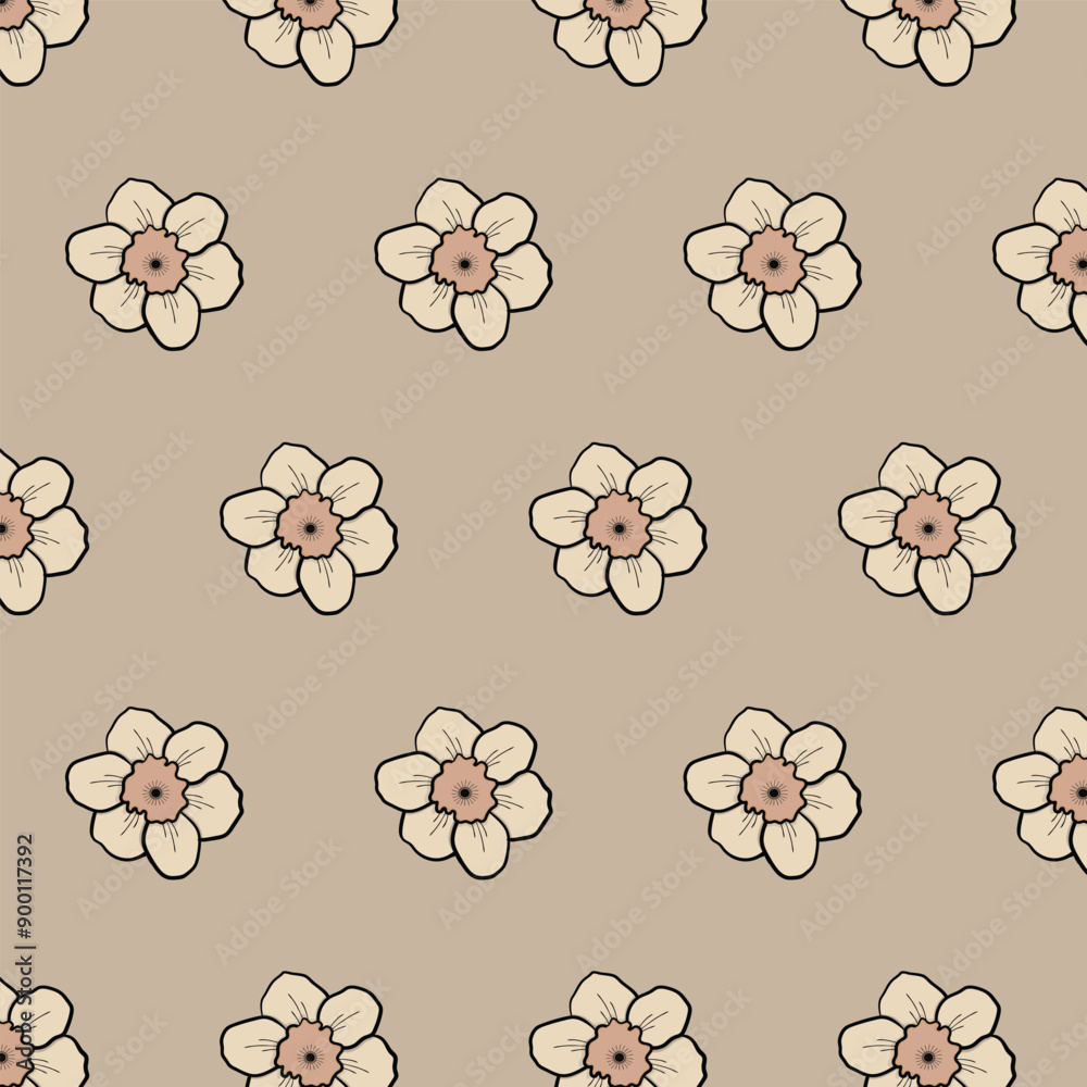 The image features a seamless pattern of beige daffodil flowers with light pink centers on a matching beige background, creating an elegant and harmonious floral design. The image features a seamless pattern of beige daffodil flowers with light pink centers on a matching beige background, creating an elegant and harmonious floral design.