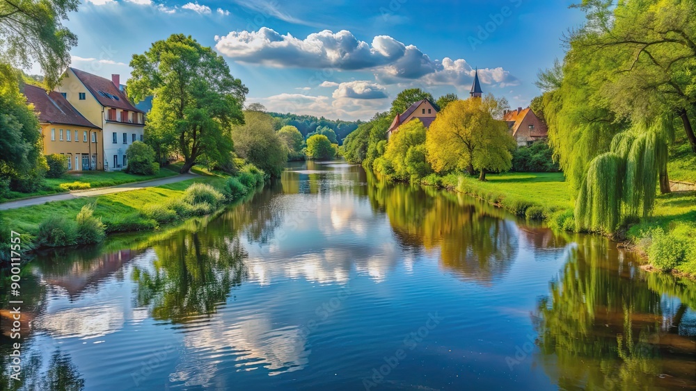 Tranquil river landscape in Witzenhausen, Germany , River, Werra, Witzenhausen, Germany, Natural, Landscape, Scenic, Tranquil Tranquil river landscape in Witzenhausen, Germany , River, Werra, Witzenhausen, Germany, Natural, Landscape, Scenic, Tranquil