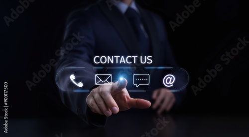 Contact us or the Customer support hotline people connect. Businessman using mobile phone and using hand touching virtual icons call phone, email, address, and live chat. Customer service call center.