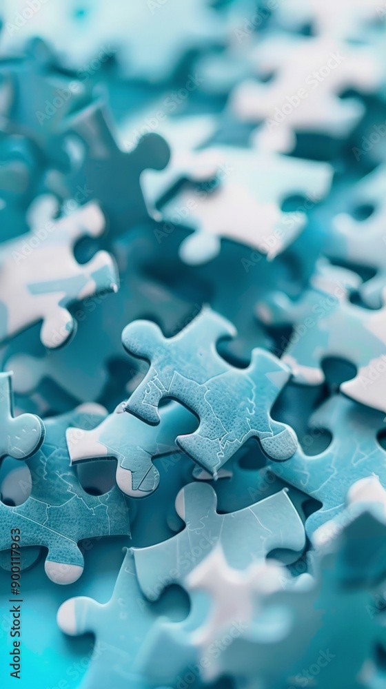 Close-up of a pile of puzzle pieces in various shades of blue. Symbolizes the complexity and fun of solving puzzles. Close-up of a pile of puzzle pieces in various shades of blue. Symbolizes the complexity and fun of solving puzzles.