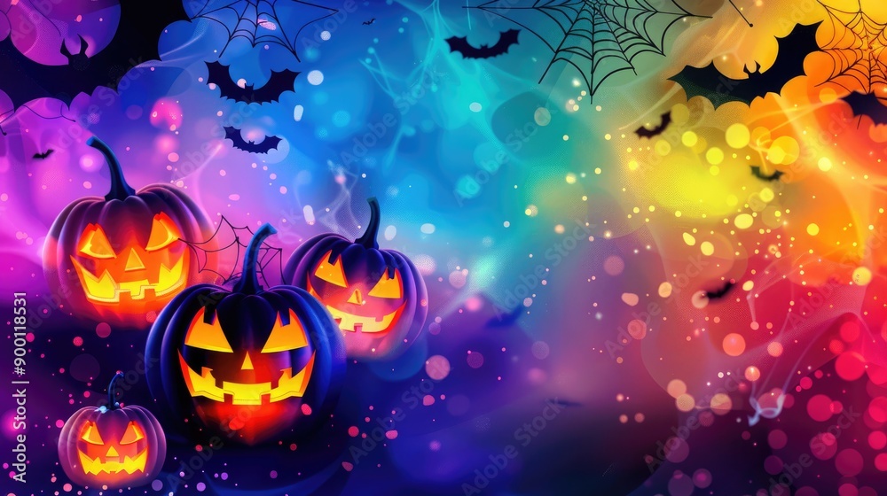 Glowing jack-o'-lanterns and spooky faces set against a colorful Halloween background with bats and spider webs Glowing jack-o'-lanterns and spooky faces set against a colorful Halloween background with bats and spider webs