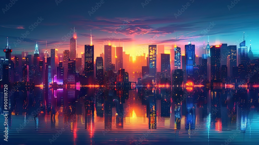 Fototapeta premium Cityscape Illustration with Reflection in Water - Neon Lights, Skyscrapers, and Sunset