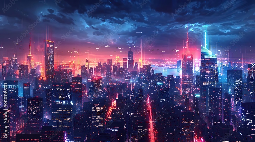 Fototapeta premium Futuristic Cityscape with Neon Lights Illustration