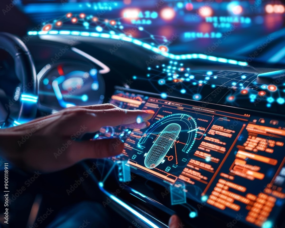 A driver's hand interacts with a futuristic car dashboard, showcasing advanced technology and connectivity. A driver's hand interacts with a futuristic car dashboard, showcasing advanced technology and connectivity.