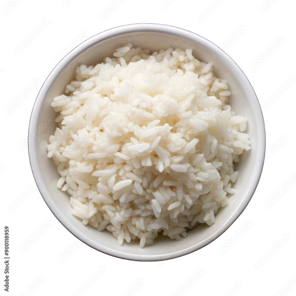 Cooked rice on white bowl top view isolated on transparent background Cooked rice on white bowl top view isolated on transparent background