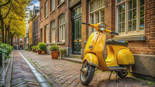 Yellow vintage scooter parked on sidewalk in Amsterdam , Vintage, scooter, yellow, sidewalk, Amsterdam, transport, popular, trendy © Sujid