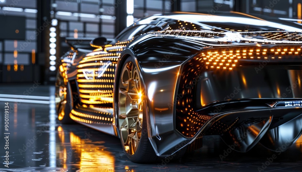 Fototapeta premium A futuristic black sports car with glowing lights, parked in a modern city setting.