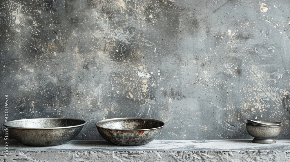 Aged metal bowls on cement backdrop with space for writing Aged metal bowls on cement backdrop with space for writing