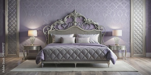 Contemporary luxury bedroom with lavender walls, intricate silver filigree headboard, and lavender silk bedding , luxury