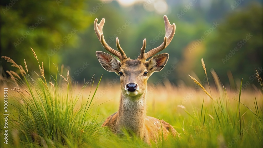 Fototapeta premium A deer resting in a grassy field with its head lifted up, deer, animal, wildlife, nature, field, grass, relaxation