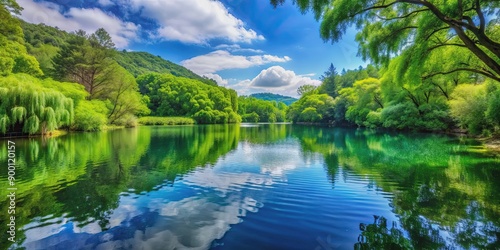 Scenic landscape featuring a tranquil body of water surrounded by lush greenery, nature, reflection, lake, trees, serene
