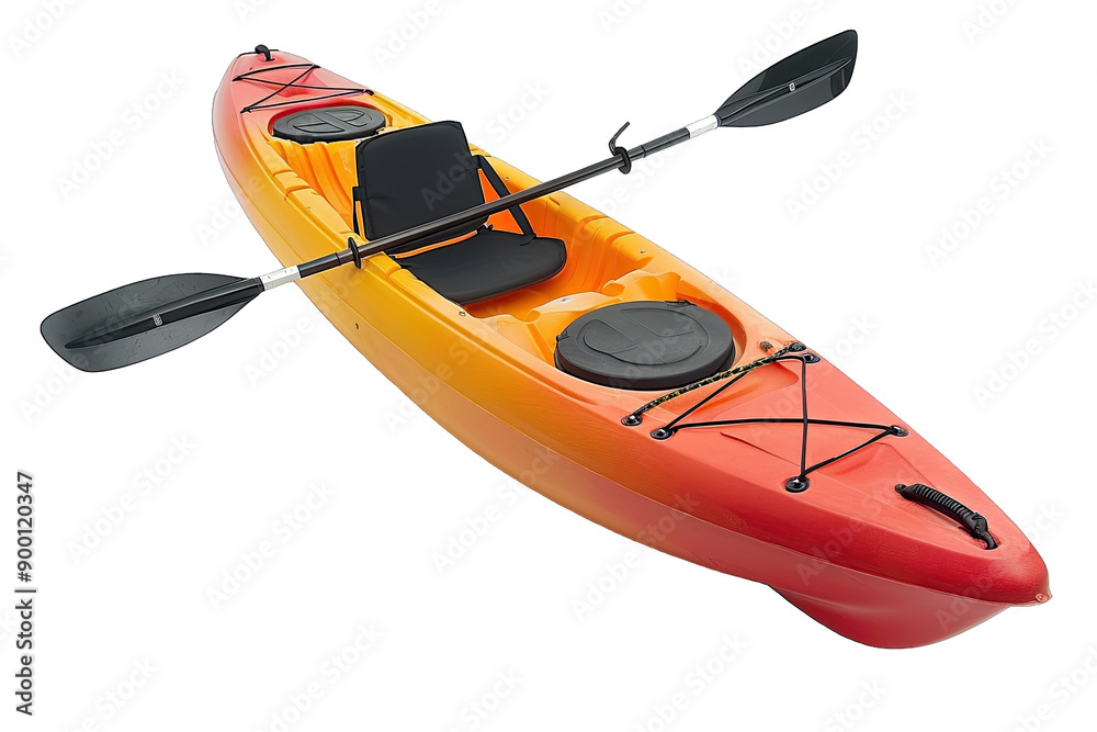 Bright orange and red kayak with paddle isolated on white. Perfect for outdoor water sports and adventure activities. Bright orange and red kayak with paddle isolated on white. Perfect for outdoor water sports and adventure activities.