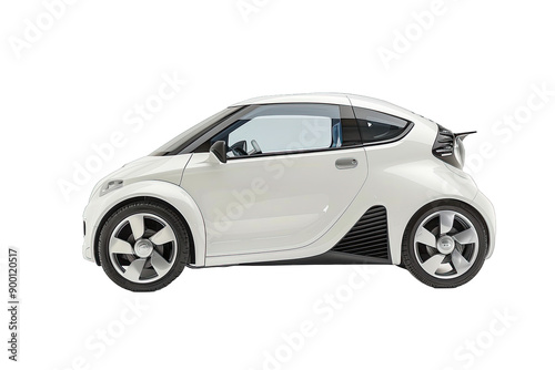 Side view of a compact modern white car. Ideal for urban commuting, showcasing sleek design and efficient transportation.