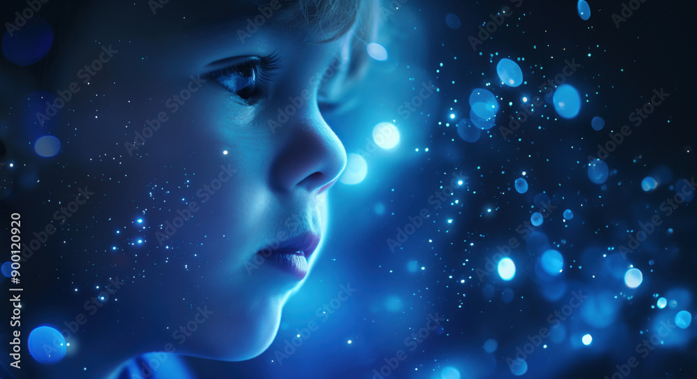 A captivating close-up of a child's face, illuminated by magical blue lights and sparkles, evoking wonder and imagination. A captivating close-up of a child's face, illuminated by magical blue lights and sparkles, evoking wonder and imagination.