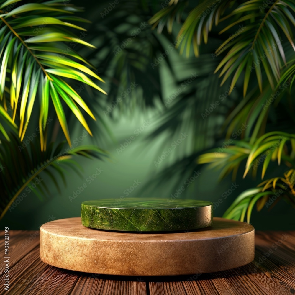 A wooden podium with a green marble top surrounded by lush green palm leaves. A tropical backdrop for product displays. A wooden podium with a green marble top surrounded by lush green palm leaves. A tropical backdrop for product displays.