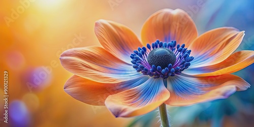 Delicate abstract beauty of an orange and blue anemone flower , vibrant, colorful, floral, abstract, artistic, botanical, close-up