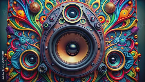 High-quality monster speaker with vibrant colors and intricate design , music, sound system, technology, audio, loud