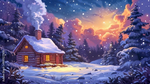 Cozy cabin in the woods with smoke coming out of the chimney, surrounded by snow. Cartoon illustrations vectors