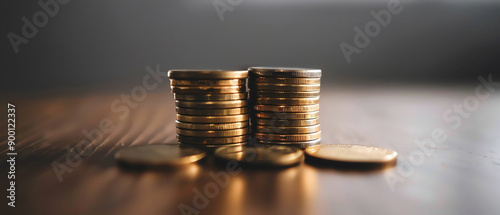 Realistic photo of a stack of coins, symbolizing business revenue and financial growth, with a focus on firsttier economic status photo