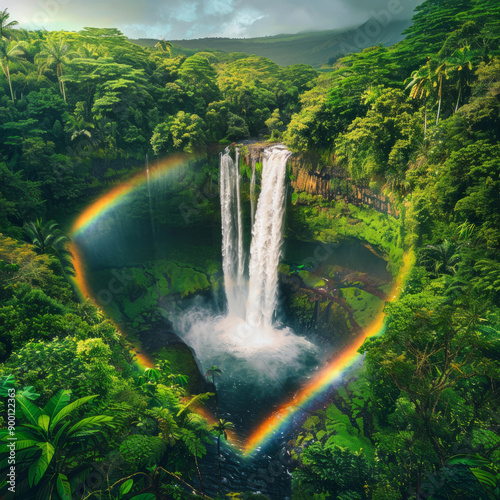 Picturesque view of a heart-shaped waterfall with a rainbow in a verdant forest. AI generative. photo