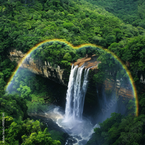 Rainbow over a heart-shaped waterfall in a lush forest, showcasing nature's beauty. AI generative. photo