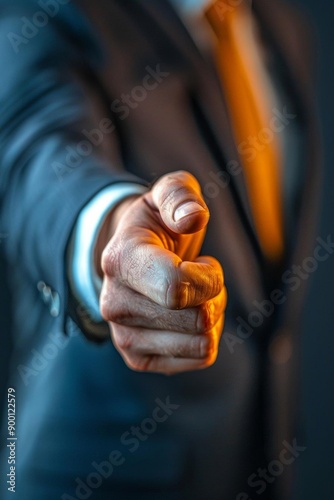 Close-up of a man's hand pointing forward, wearing a suit and tie, suggesting direction or authority. photo